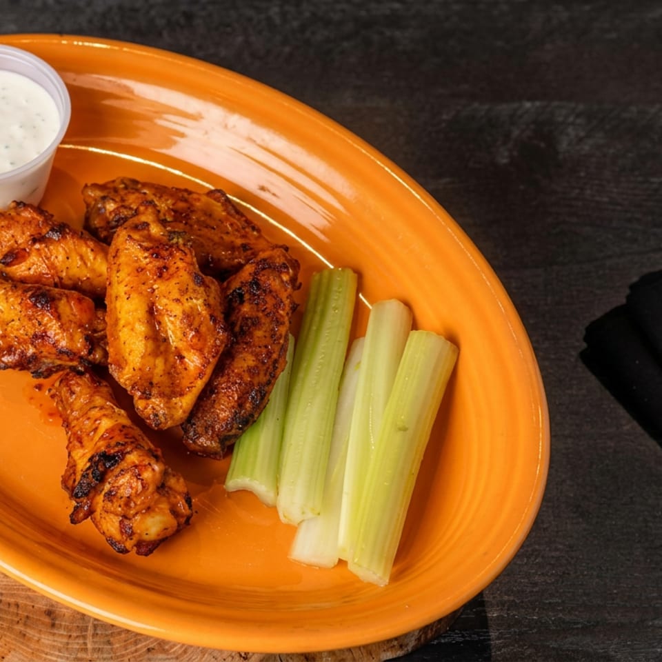 Grilled chicken wings with celery sticks and creamy dipping sauce on an orange plate beside black napkin and cutlery.