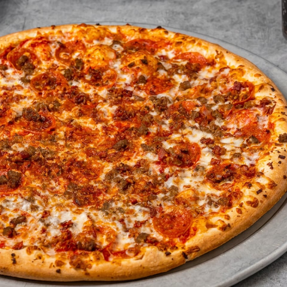 Large pepperoni and sausage pizza with melted cheese served on a metal plate beside black napkins and gold cutlery.