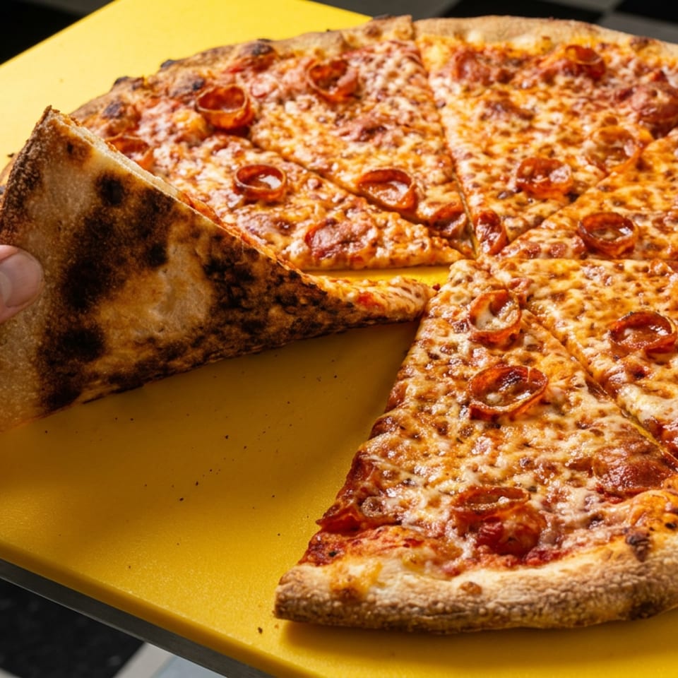 Hand lifts a slice of pepperoni pizza from a whole pie on a bright yellow table, with a black-and-white checkered floor behind.