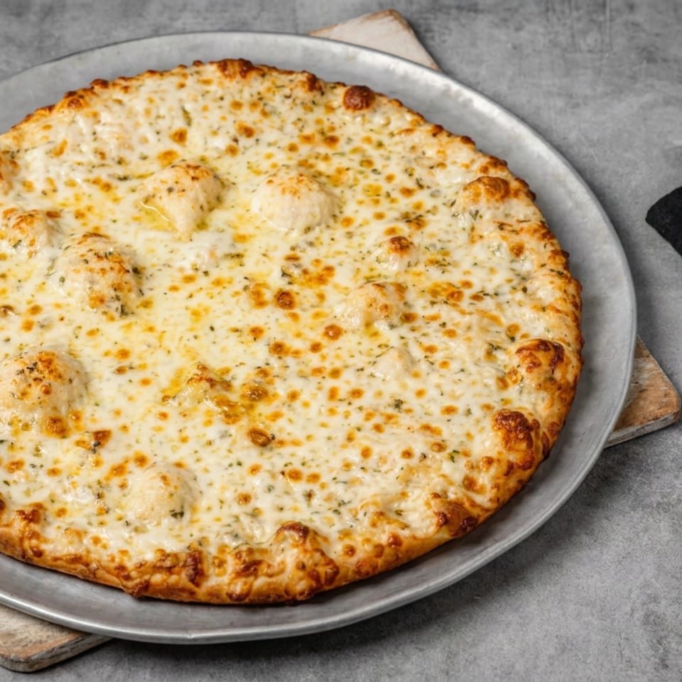 Cheese pizza with a golden-brown crust served on a metal plate beside a black napkin and gold fork.