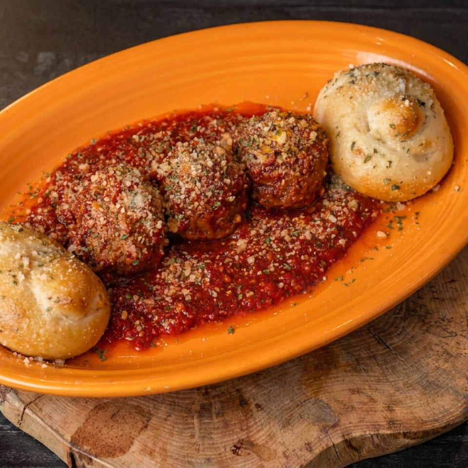 Three meatballs topped with grated cheese in tomato sauce, served with garlic knots on an orange plate.