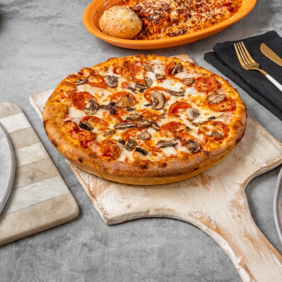 Assorted pizzas with pepperoni, mushrooms, olives, and cheese arranged on plates and a wooden serving board.